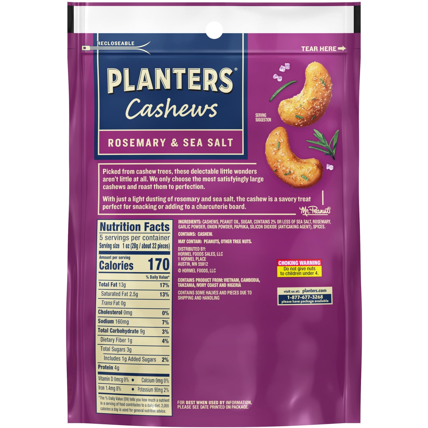 PLANTERS Cashews Rosemary & Sea Salt - Trail Mix Snack Packs - Snack with Rosemary & Sea Salt, Party Trail Mix, 5 Oz Bag, Pack of 1