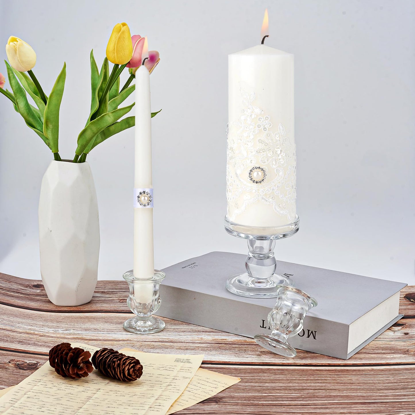 Unity Candles with Glass Candle Holder for Wedding Ceremony - Unity Candle Set Wedding Candles for Ceremony, Unity Ideas for Religious Anniversary Newlyweds Unity Candle Gifts
