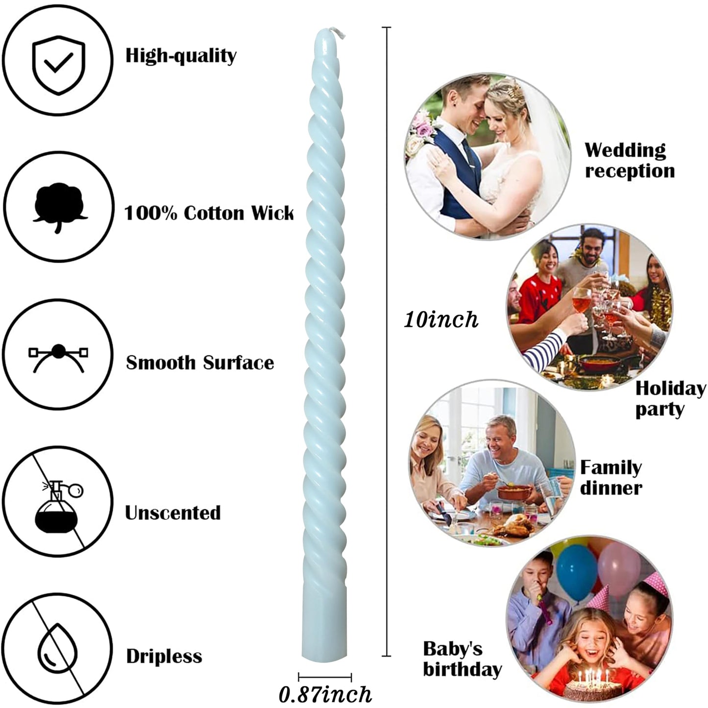8 Pack 10 Inch Baby-Blue Spiral Taper Candle Set, 7/8 Inch Unscented Driples Candlesticks for Home Decoration, 6-7 Hours Burn