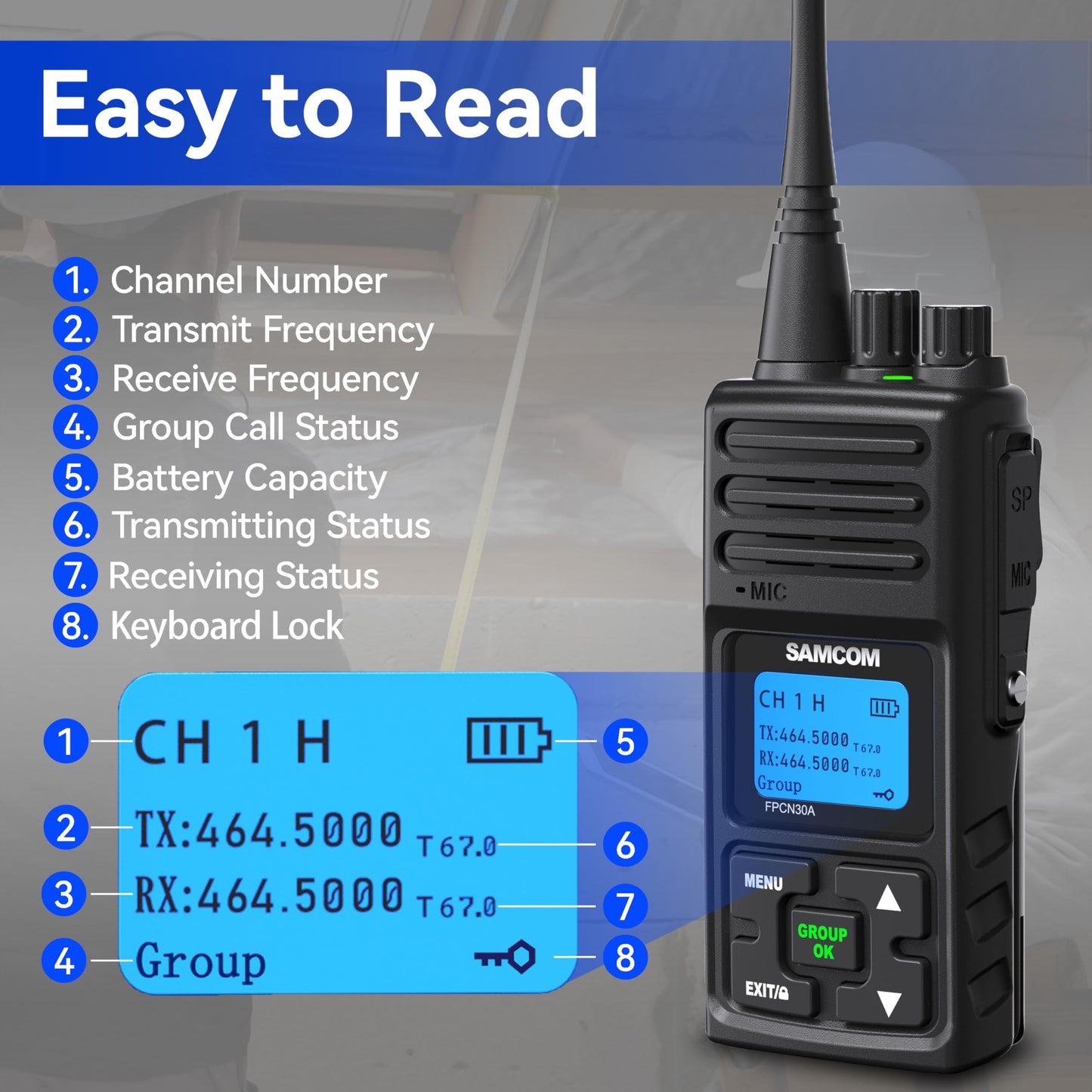 SAMCOM FPCN30A Two Way Radios Long Range 5 Watts Walkie Talkies for Adults Rechargeable 2 Way Radios UHF Handheld Business Group Call Radio 1500mAh Battery with Earpieces for Construction,6 Packs