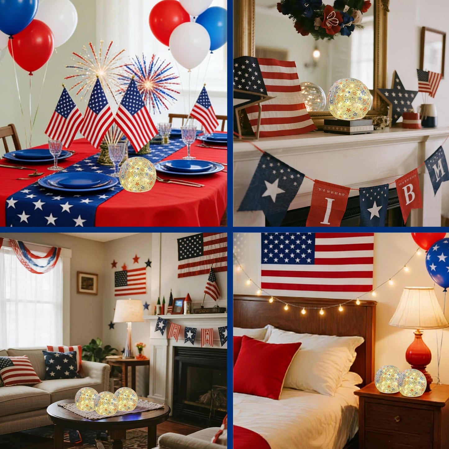 3PCS Independence Day Decorative Lights, 3.93-inch Independence Day Desktop Decoration LED Night Light, Cracked Glass Ball Light with Timer, 4th of July Decorations (Fireworks Pattern)