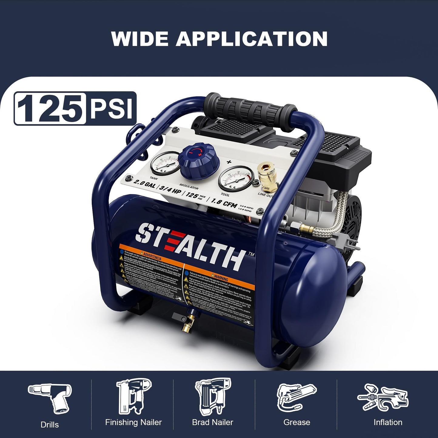 Stealth Air Compressor 2 Gallon, 3/4 HP Oil-Free Compressor, Less than 60dB Ultra Quiet Electric Air Compressor,Max 125 PSI Pressure for Tire Inflation,Nailing,Home DIY Project(SAQ-1234)