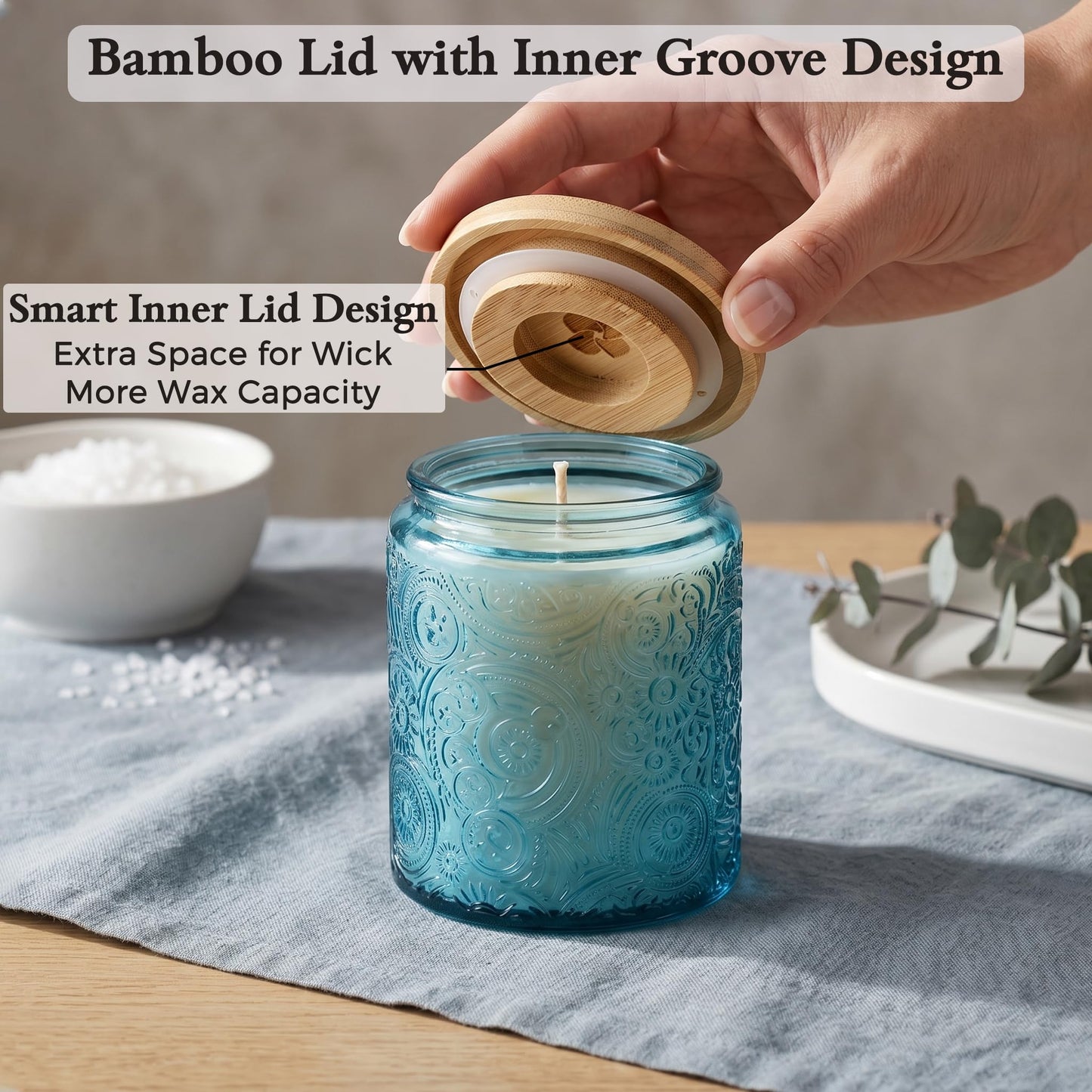9-Pack 8oz Embossed Glass Candle Container with Bamboo Lids and Labels, Blue Candle Jars for Making Candles, Sun Moon Star Design