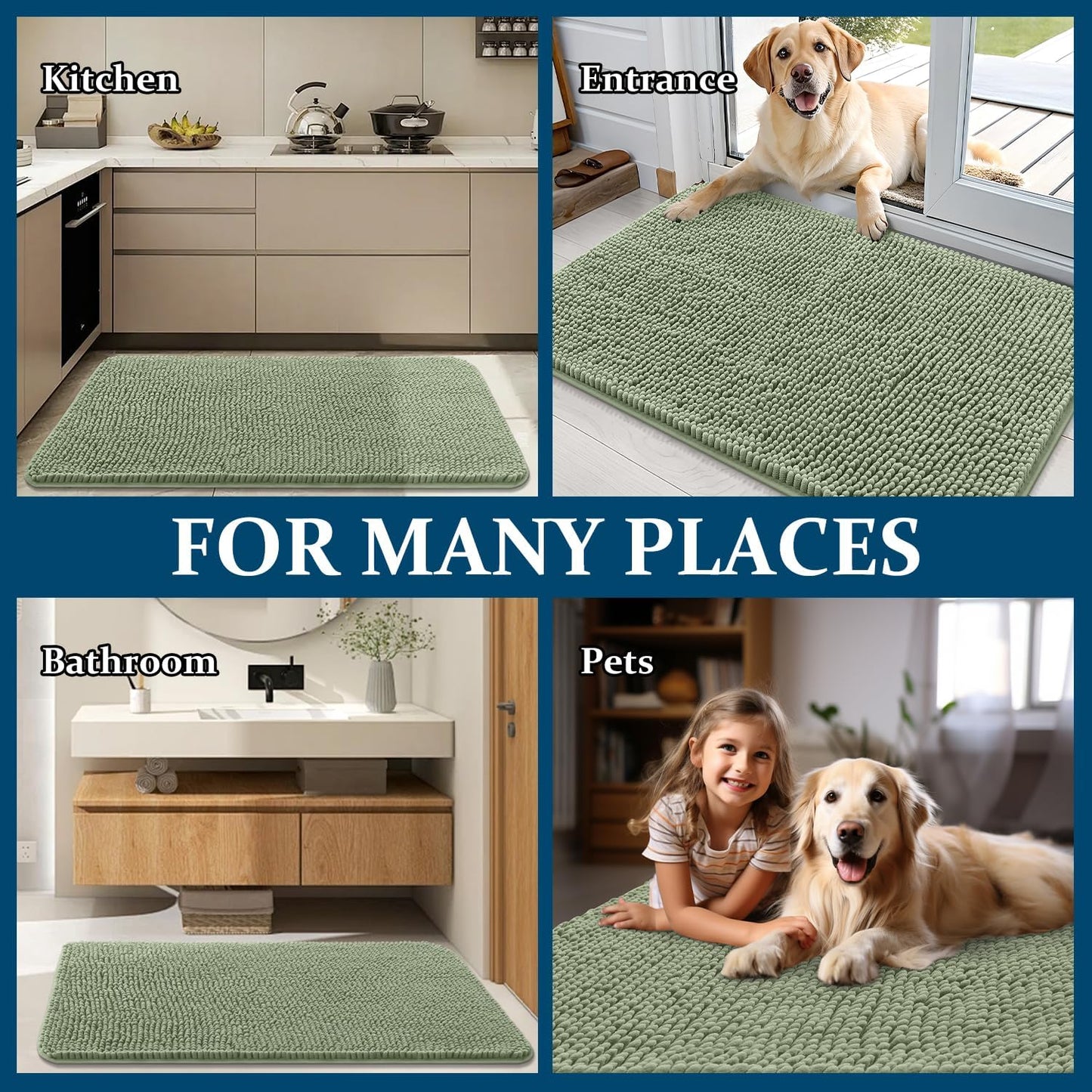 OLANLY Dog Door Mat - Absorbent Non-Slip Chenille for Muddy Paws | 59x24 Inches, Sage Green