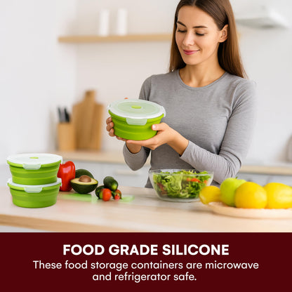 Vdomus Collapsible Food Storage Containers - Leak Proof, Microwave Safe - 40.5oz/1.2L Airtight Silicone Food Containers - Meal Prep Collapsible Bowls with Lids - Set of 3 - Green