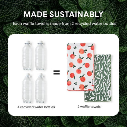 RECYCO Waffle Kitchen Towel Set of 2 - Quick Dry Microfiber Sustainable Dish Towels - Ultra Absorbent Reusable Cleaning Tea Towels - Lightweight Hand Towels,16”x 28”, Peachy Leaves