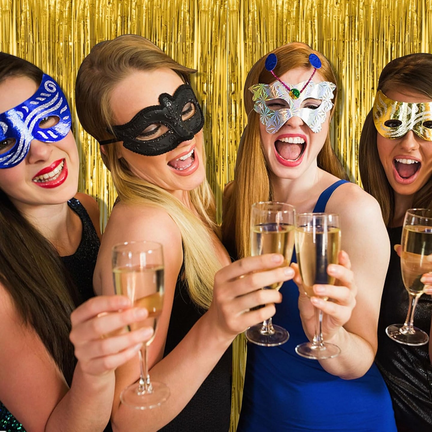 Skiennix Gold Fringe Curtain Backdrop - 2 Pack Tinsel Streamers for Party Decorations | Photo Booth & Events