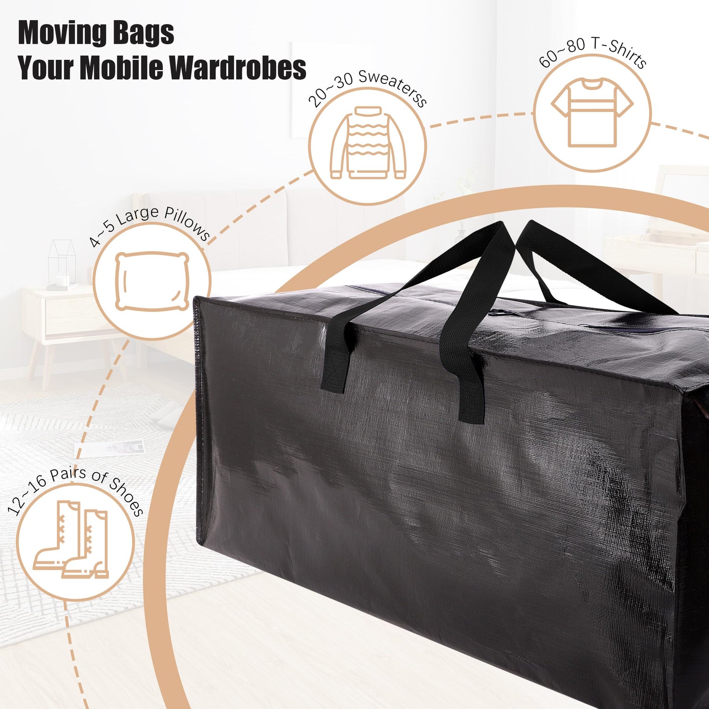 NATURELUX Heavy Duty Moving Bags with Backpack Straps and Strong Handles, Alternative to Moving Boxes and Storage Totes for Dorm Room Essentials, 6 Pack, Black