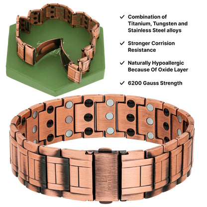 POLLDAN Copper Bracelet For Men | 6200 Gauss Power | Adjustable Magnetic Bracelet | Gift Box and Sizing Tool (3X Power)