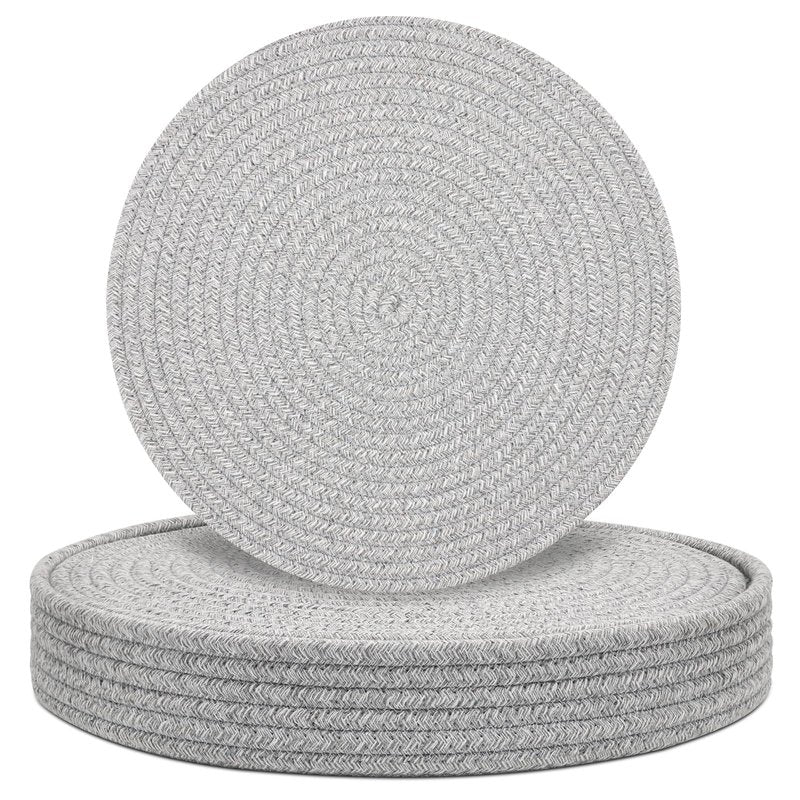 Round Placemats Set of 6 with Holder, Cotton Rope Woven Place Mats, Hot Pads for Kitchen, Heat Resistant Table Mats, 13 Inch Farmhouse Washable Braided Placemat for Kitchen Decor (Gray)
