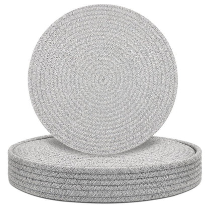 Round Placemats Set of 6 with Holder, Cotton Rope Woven Place Mats, Hot Pads for Kitchen, Heat Resistant Table Mats, 13 Inch Farmhouse Washable Braided Placemat for Kitchen Decor (Gray)