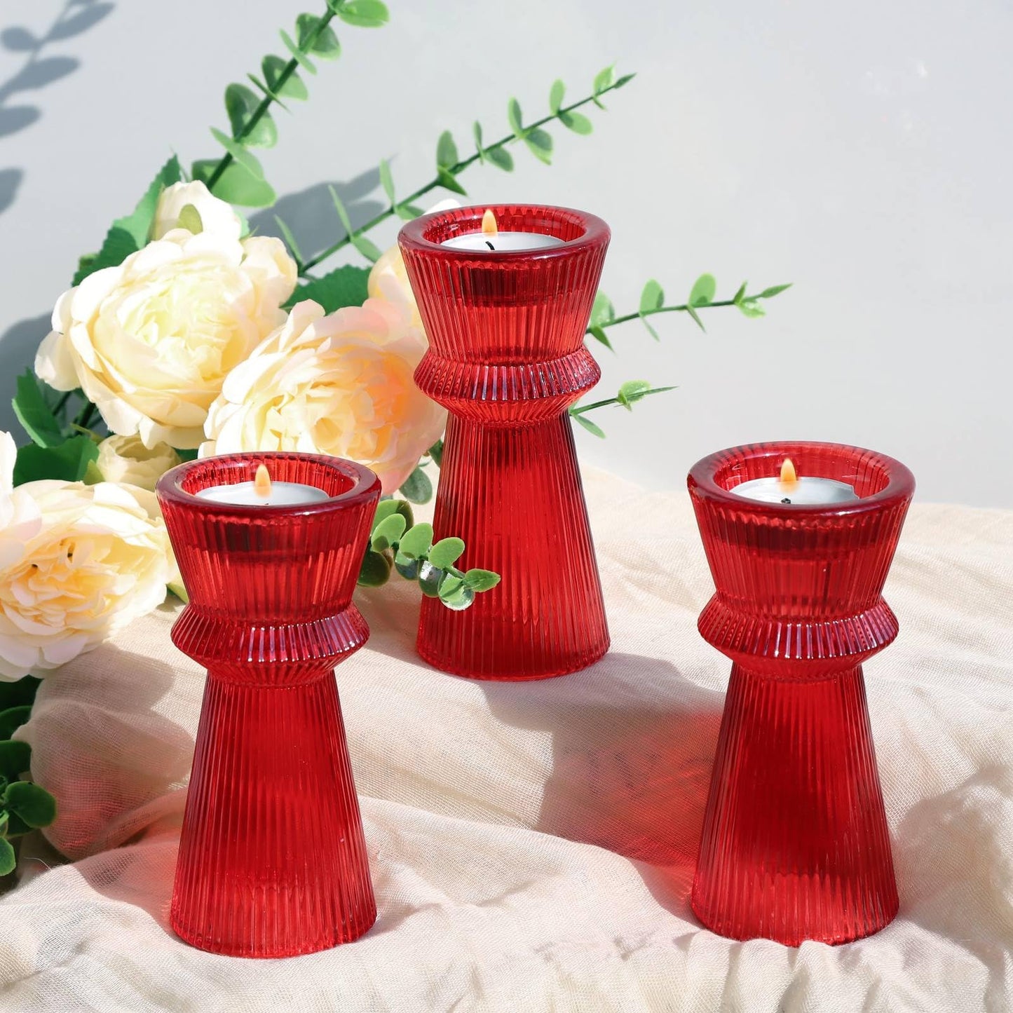 VOHO Red Candlesticks Holders for Christmas Decorations, Set of 3 Ribbed Glass Candle Holder Versatile for Taper & Tea Lights Candles, Romantic Red Taper Candle Holders for Valentines Day Anniversary