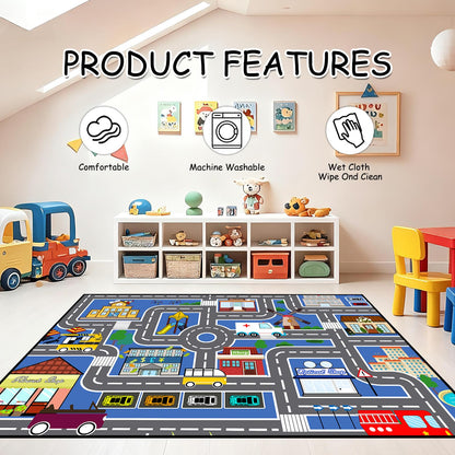 Car Rugs for Kids Toy Cars - Car Track Carpet Blue Road Rug for Kids, Car Traffic Road Play Mat for Room Bedroom Decor, 4'×5'