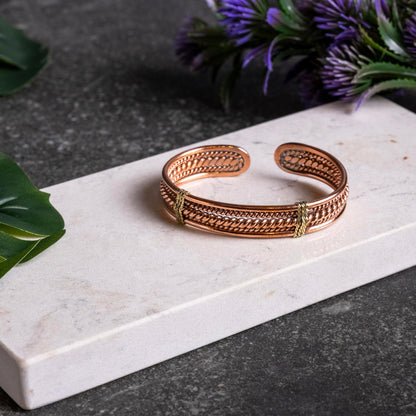 ALFIQ Handmade Copper Brass Cuff Bracelet for Men, Twisted Weave Pattern, Dark Copper (Copper Braid)