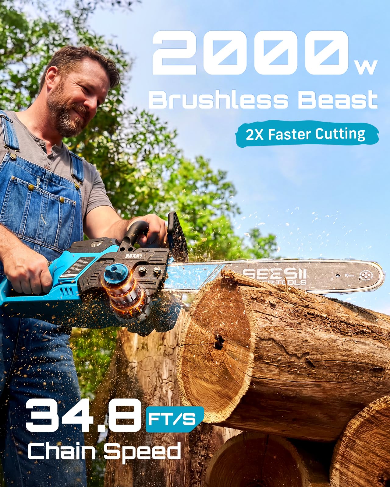 SEESII 40V 16-Inch Cordless Chainsaw: Brushless Electric Chain Saws with 2×4.0Ah Batteries & Charger, Tool-Free Chain Tension, Auto Oiling, for Tree Trimming, Wood Cutting, Yard Work