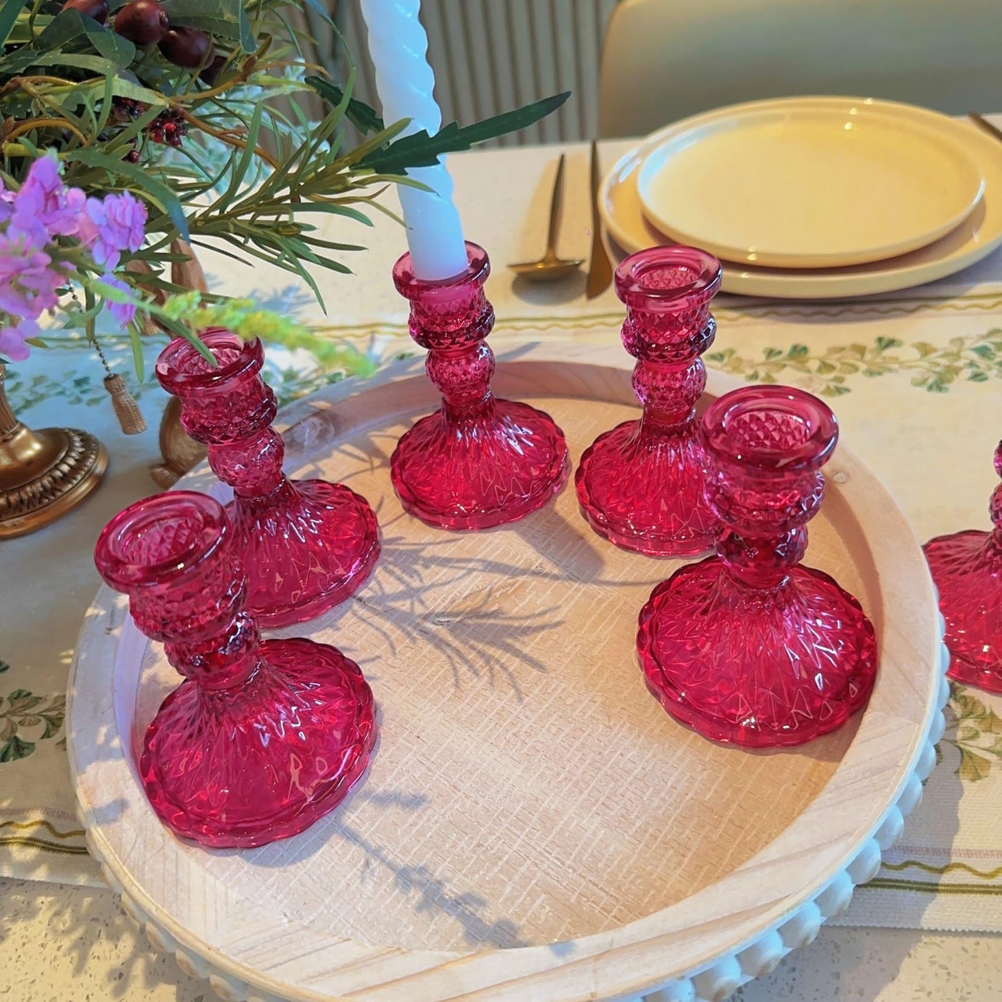 ECHFSM Glass Candlestick Holder,Striped Taper Candle Holders,Set of 6 Candle Stand for Table Centerpieces, Home Decor,Weddings,Festival and Parties (GCH002-Purple Dimond)