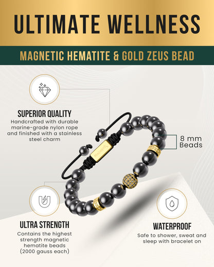 MagnetRX® Magnetic Hematite Bracelet - Max Strength Magnet Stones - Magnetic Beaded Bracelets for Men and Women (Gold Zeus 8mm Bead)