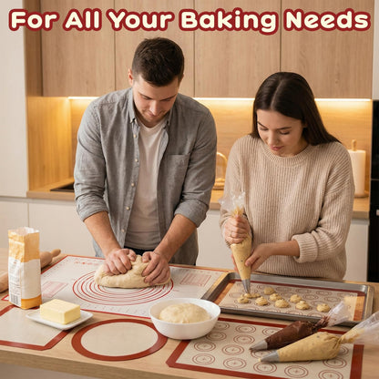 HEIFAM Non-stick Silicone Baking Mat Set of 7, Large Baking Silicone Mat Oven Liner Sheet Reusable, Round Square Cake Mats Tools Accessories, Baking Mats with Measurements for Macaron Dough Pastry red