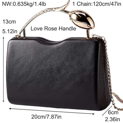 louceko PU Leather Handbag Detachable Chain Crossbody Shoulder Evening Bag Clutch Purse for Women Formal Wedding Party Prom, Metal Rose Handle, Black, 2510