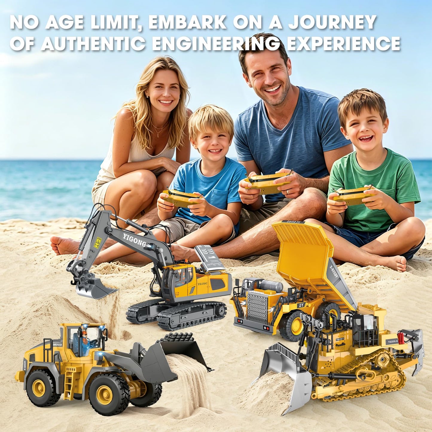 ADTHLIER Remote Control Excavator (11-Channel), Dump Truck, Bulldozer, Loader (9-Channel), 2.4GHz Remote Control Construction Vehicles, Metal Construction, with Cool Lights and Sound Effects, 4-Pcs