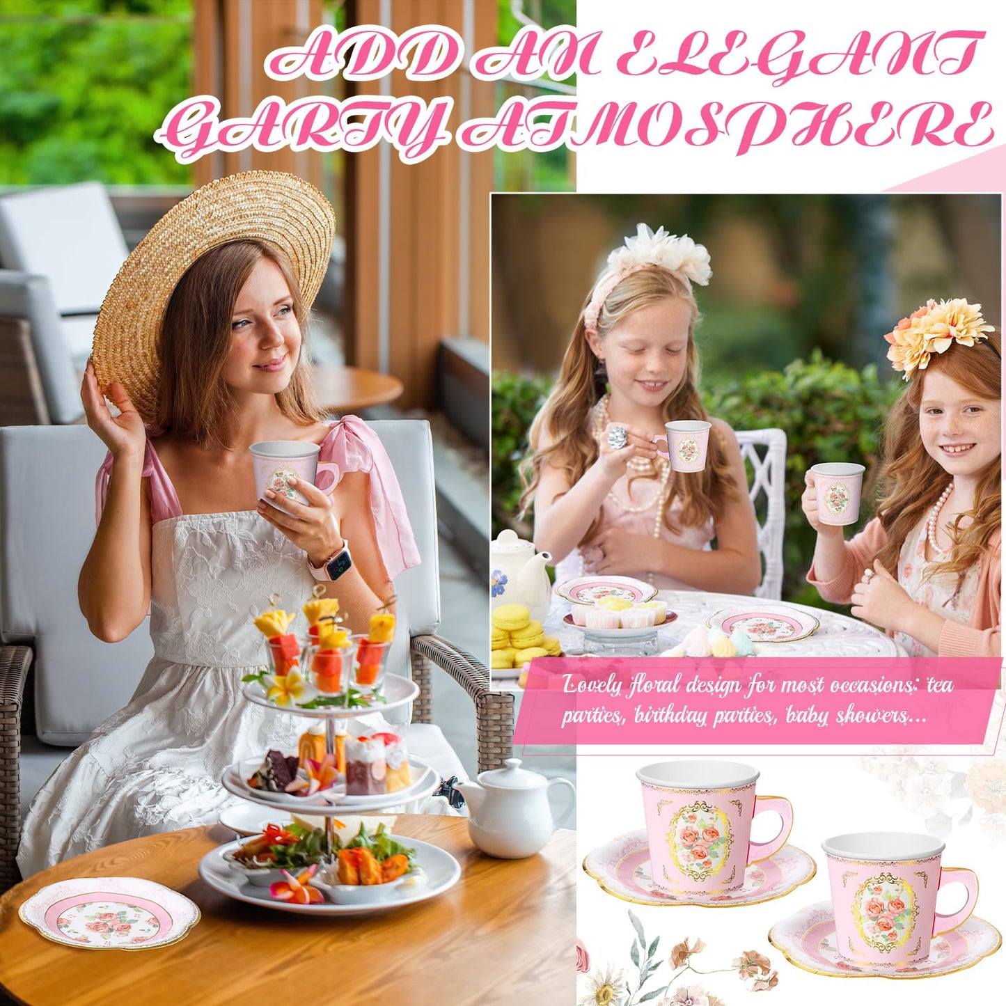 Umigy 60 Sets Tea Party Decorations 6.5oz Floral Paper Tea Cups with Handle and Plates Disposable Blossom Teacups and Saucers Sets with Tape for Hot Cold Drink Birthday (Pink Rustic)