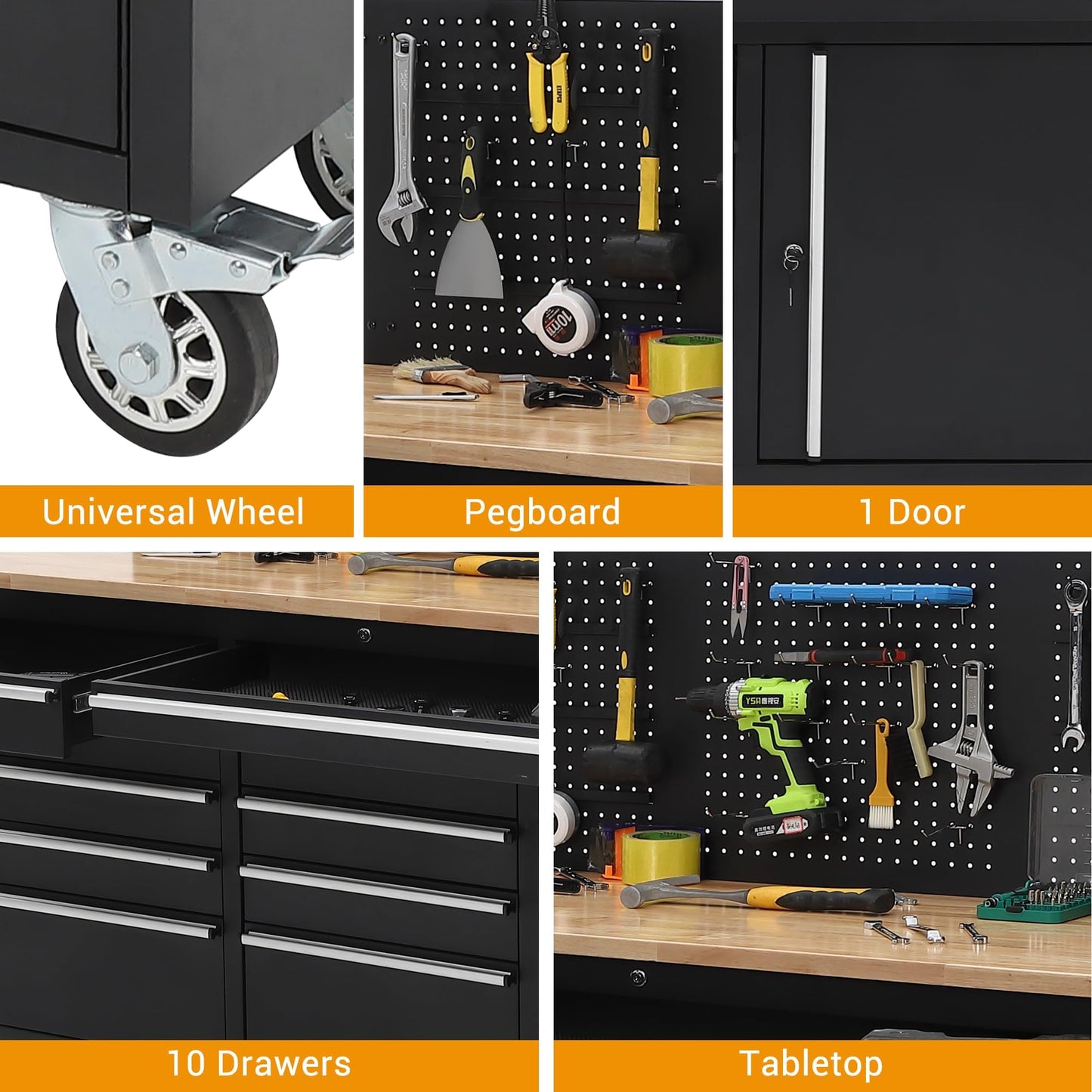 MilleLoom Tool Chest, 61 Inch Tool Box Mobile 9 Drawers Storage Rolling Cabinet with Wheels Lock Key Locking System Drawer Liners for Garage Warehouse Repair Shop, Black