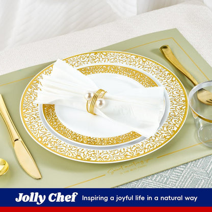 150 Count Gold Plastic Dinnerware Set, Elegant Disposable Include: 25 Gold Lace Plastic Plates, 25 Dessert Plates, 25 Forks, 25 Knives, 25 Spoons, 25 Cup, Ideal for Party, Birthday and Thanksgiving