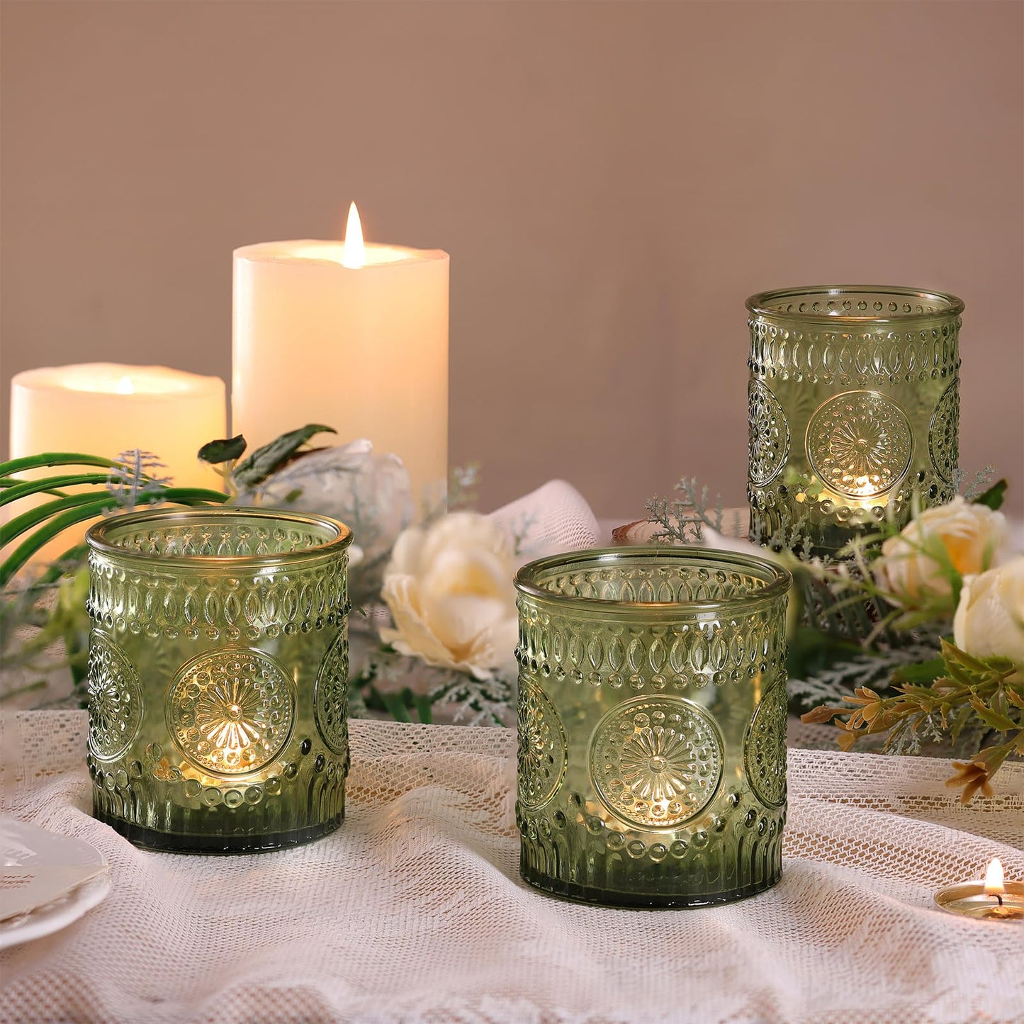 DEVI 8oz Empty Green Embossed Glass Candle Jars for Making Candles Set of 8, Bulk Empty Candle Containers, Glass Tins Making Supplies for Gifts, Wedding Decorations