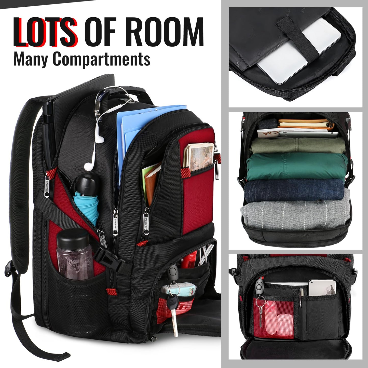 YOREPEK 18.4 Laptop Backpack,Large Backpacks Fit Most 18 Inch Laptop with USB Charger Port,TSA Friendly Flight Approved Weekend Carry on Backpack with Luggage Strap for Men and Women, Red
