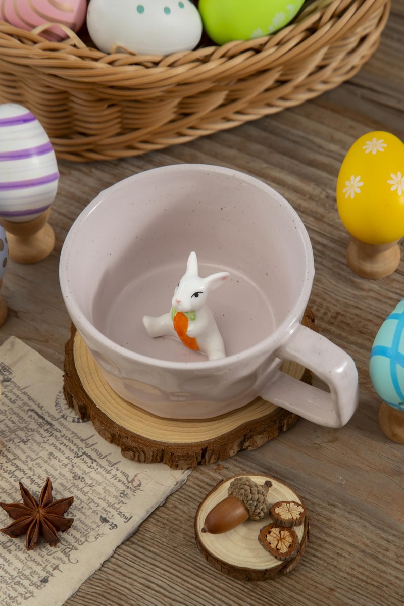 DIHOclub Farmhouse Ceramic Coffee Mug with Rabbit Figurine – Rustic Stoneware Cup, Matte Finish, Ideal for Breakfast & Home Decor (Pink Rabbit)