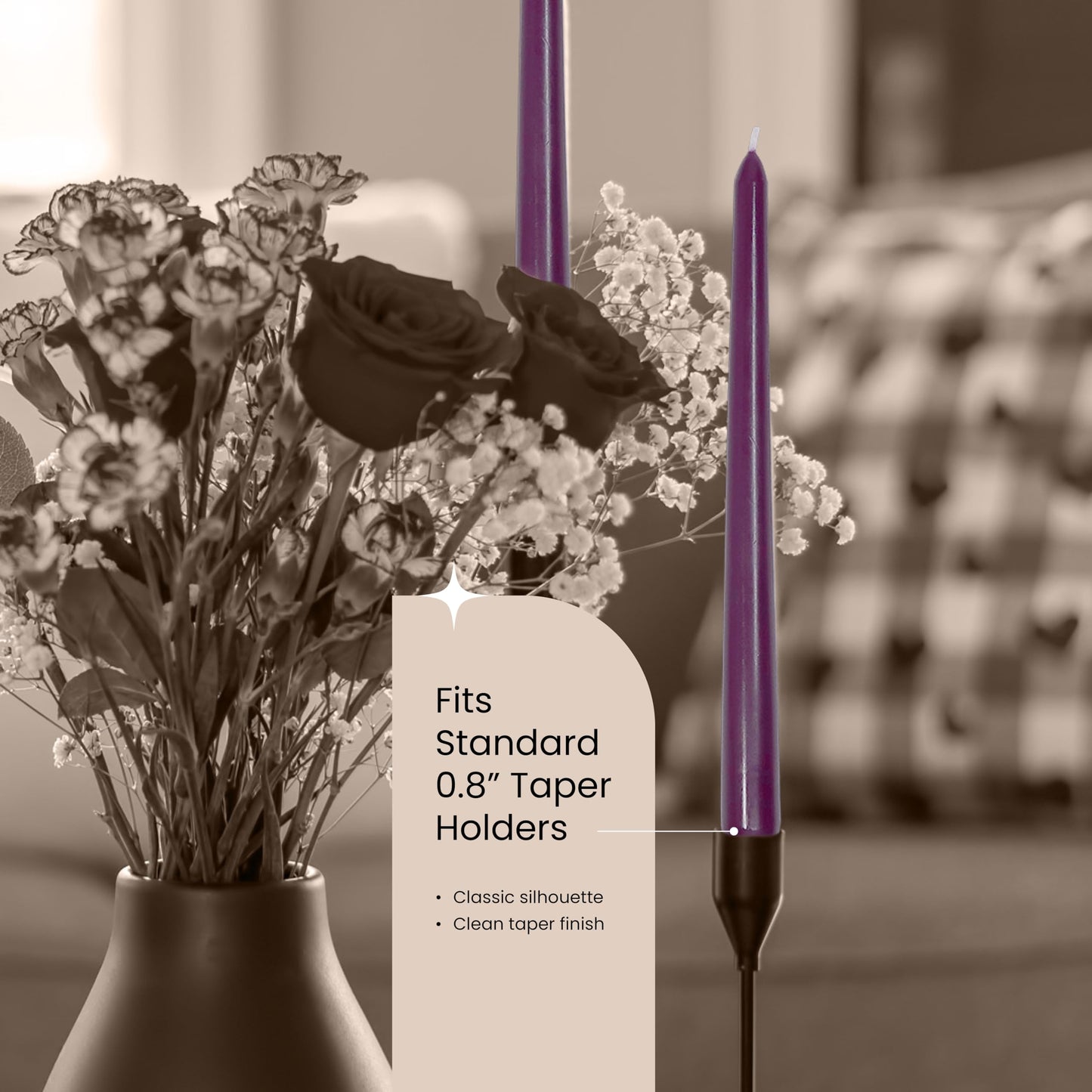 Leor & Lair Purple Taper Candles - 12 Pack 10" Purple Candlesticks - Unscented Long Burning Candle Sticks for Home Decoration, Dinner Table, Holidays, Weddings, Restaurants & Events