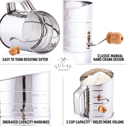 Zulay Kitchen 3 Cup Stainless Steel Flour Sifter - Fine Mesh Rotary Hand Crank Flour Sifter with Agitator Wire Loop For Baking Cakes, Pastries, Pies, Cupcakes and Desserts