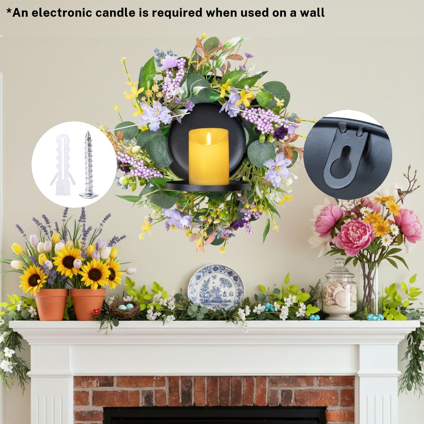 MOYEE Summer Candle Holder Centerpieces for Tables,Candle Ring, Black Metal Candlestick with an Artificial Wreath 14 in Versatile Dining Table Centrepiece (Purple Foam Flower Wreath)