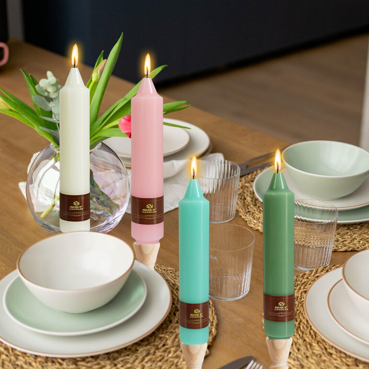 Pastel Candle Short Taper Candle 7 Inch Candlesticks Unscented Dripless Tapered Candle Set for Home Decor Wedding Party Dinner, 4 Pack