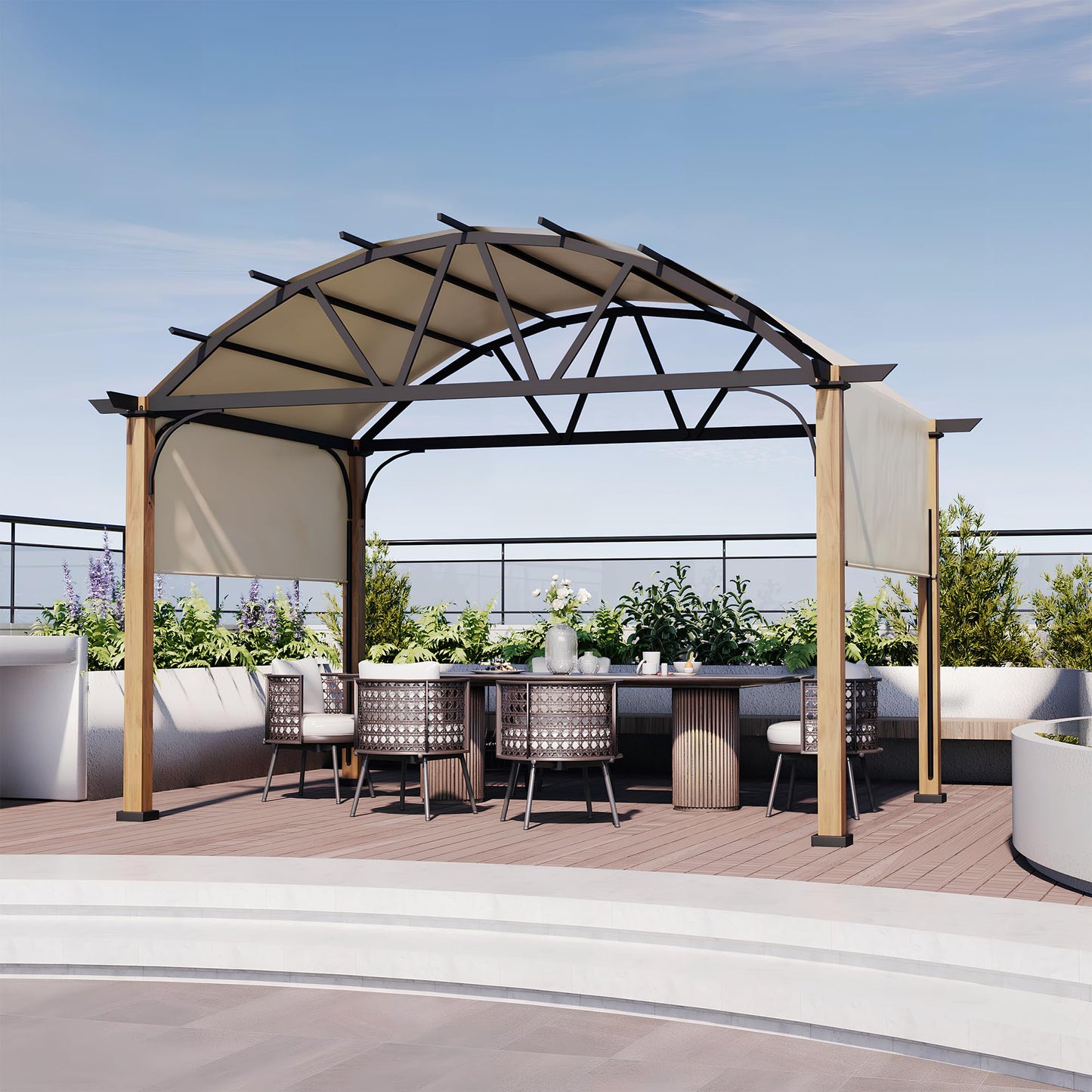 HAPPATIO 12' X 12' Outdoor Pergola with Sling Retractable Canopy, Wood-Like Aluminum Patio Pergola Shade Arched Top for Patio, Backyard, Garden,Poolside