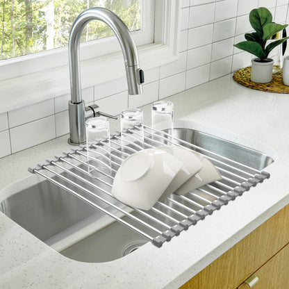 Zulay Kitchen 17.5” x 12” Roll Up Dish Drying Rack - Stainless Steel Over Sink Dish Drying Rack - Multipurpose Foldable Sink Rack for Kitchen Counter - Non-Slip, Heavy-Duty Drying Rack (Gray)