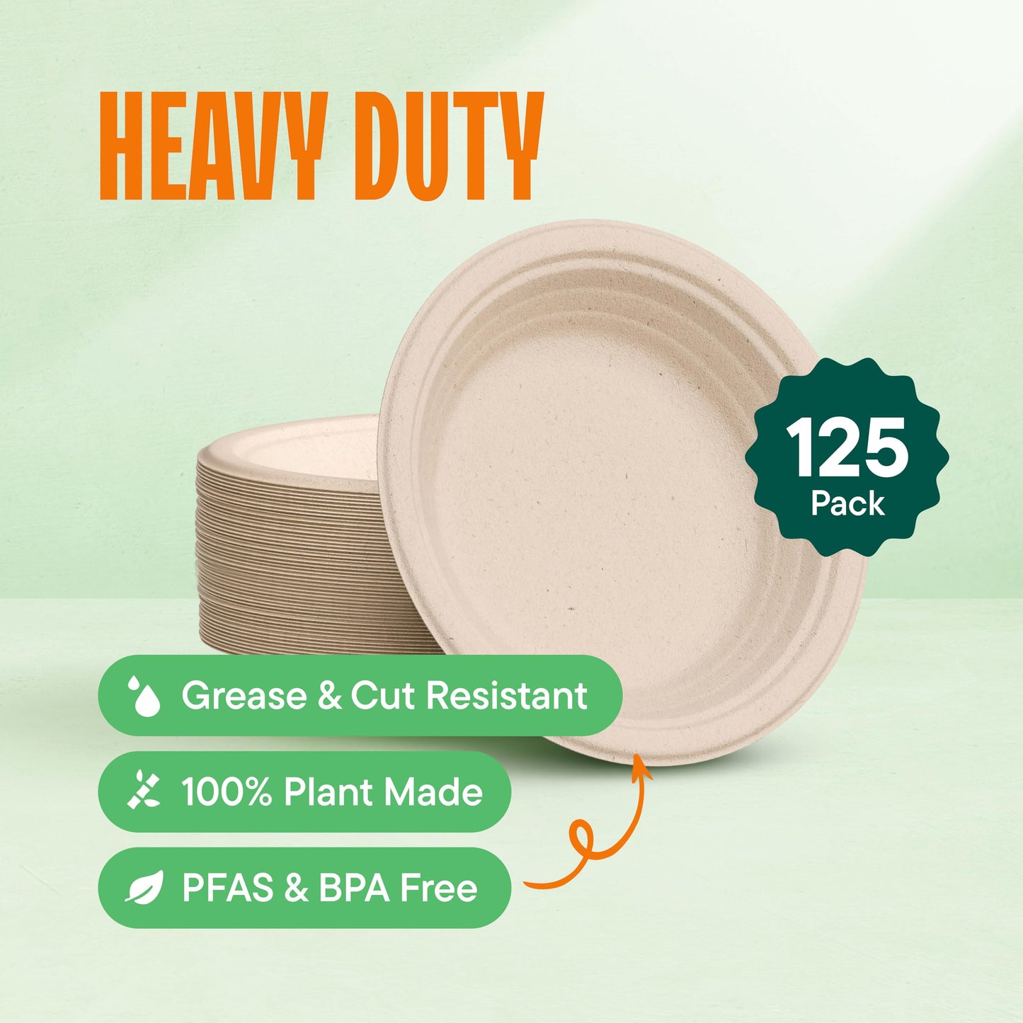 Deep Dish Paper Plates, Heavy Duty Disposable Dinner Plates [125-Pack] 9 Inch Plates - 100% Compostable Eco-Friendly, Biodegradable Sugarcane Bagasse, Natural Brown 9" Paper Plate Disposable