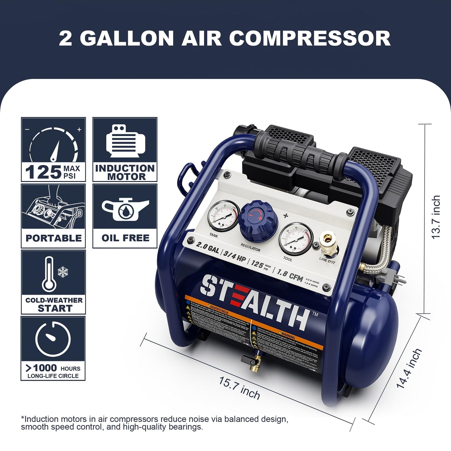 Stealth Air Compressor 2 Gallon, 3/4 HP Oil-Free Compressor, Less than 60dB Ultra Quiet Electric Air Compressor,Max 125 PSI Pressure for Tire Inflation,Nailing,Home DIY Project(SAQ-1234)