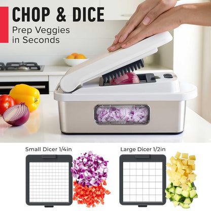 Mueller Pro-Series 10-in-1, 8 Blade Stainless Steel Multi Vegetable Chopper And Mandoline Slicer, Kitchen Accessories and Essentials, Food and Veggie Chopper, Mincer, Dicer, White Sand/Grey
