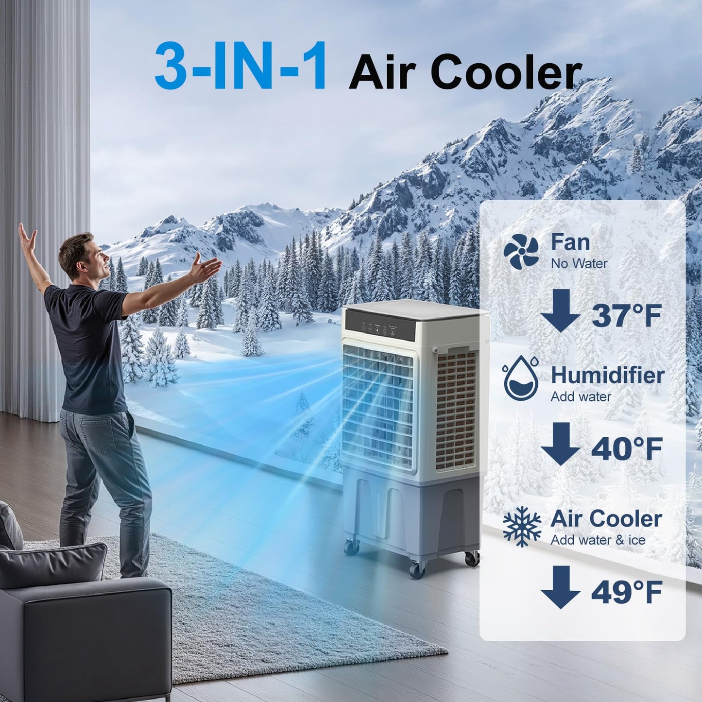 Windowless Swamp Cooler, 3 in 1 Evaporative Portable Air Conditioner with Remote, Cooling Fan Ac Unit,3 Speed, 24H Timer, 5.3 Gal Water Tank, 4 Ice Box for Garage, Patio, Bedroom Home Office Outdoor