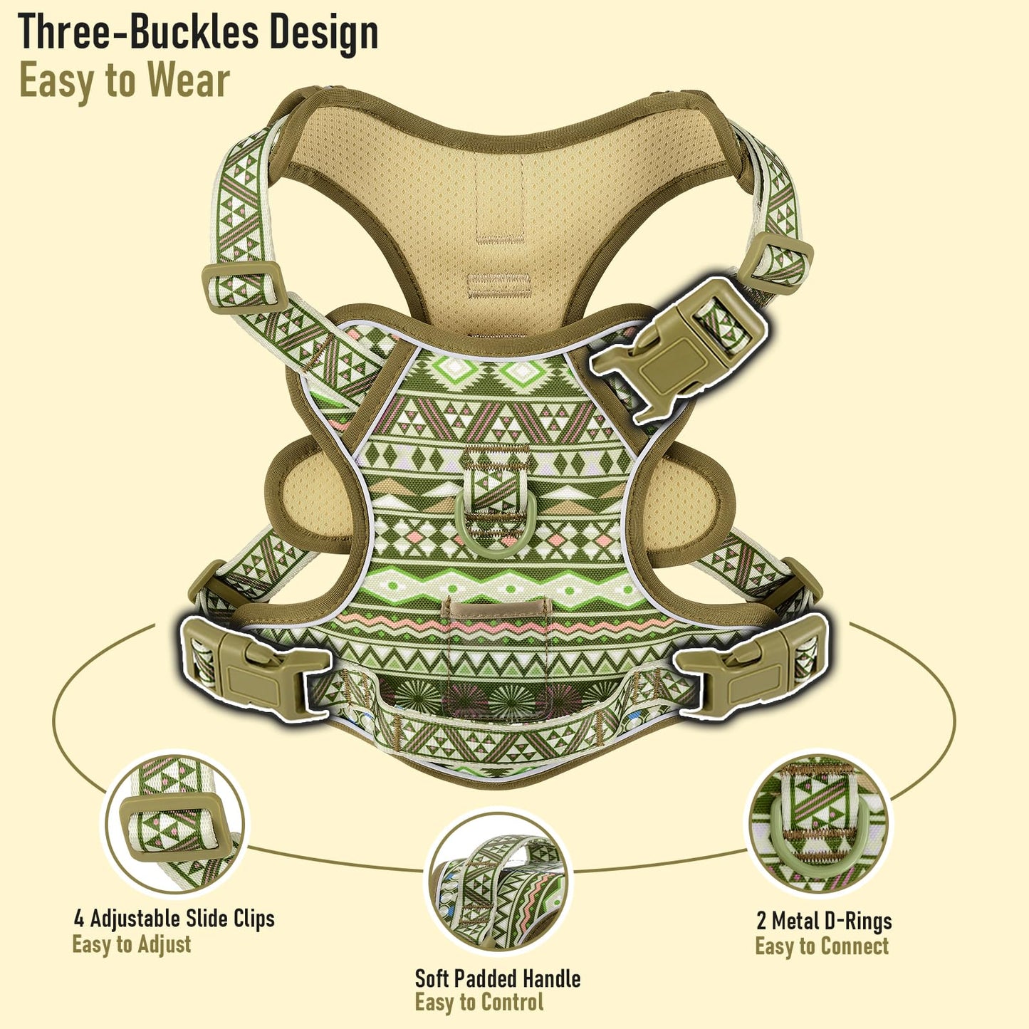 No Pull Dog Harness for Large Dogs with 2 Metal Clips, Easy On/Off with Neck Buckle, Heavy Duty Adjustable Puppy Vest, Breathable Pet Harness with Easy Control Handle, Green Ethnic L