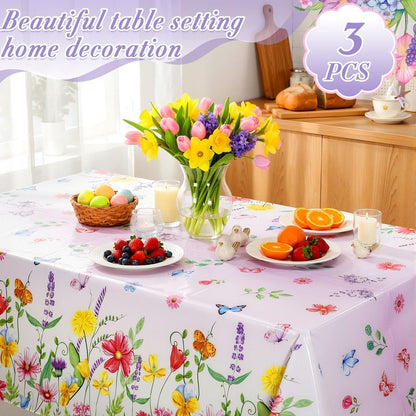 Oudain 3 Pcs Easter Tablecloth Decorations - 54×108 Inch Spring Flower Disposable Plastic Waterproof Pastel Garden Floral Table Cover Runner Rectangular for Easter Brunch Baby Shower Wedding Party
