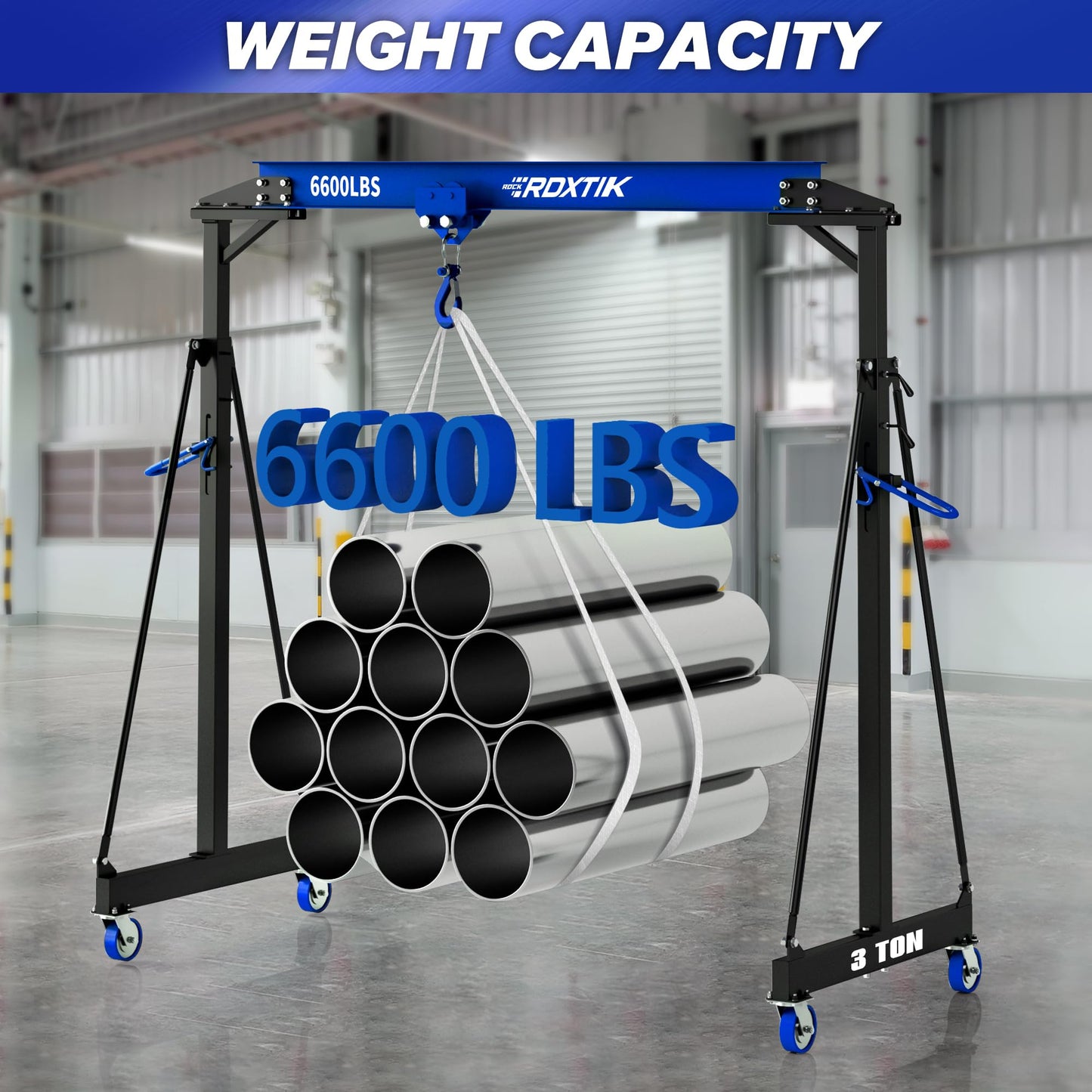 RDXTIK 3 Ton 6600LB Gantry Crane, 3 Ton Manual Trolley, 9.06FT Max Width, Portable Shop Crane with 8.53-12.47 FT Adjustable Height, Dark Blue