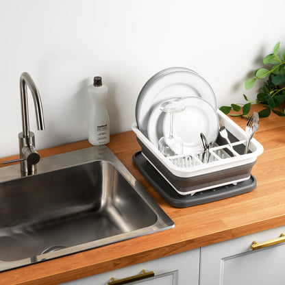 Masirs Pop-Up Collapsible Dish Drying Rack: Convenient Storage, Drains into Sink, Eight Large Plate Capacity, Sectional Cutlery and Utensil Compartment. Compact and Portable Design.