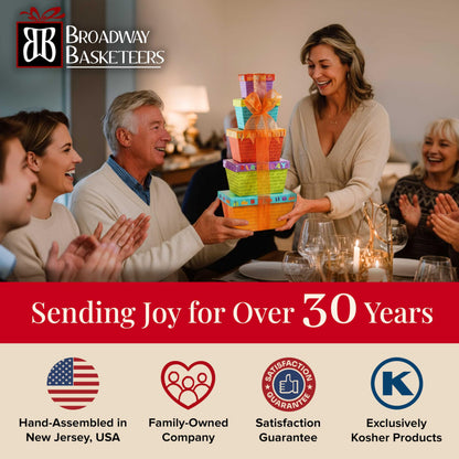 Broadway Basketeers Birthday Gift Basket Tower – Snack Boxes with Gourmet Cookies & Popcorn – Happy Birthday Gifts for Women, Mom, Sister, Friends & Coworkers