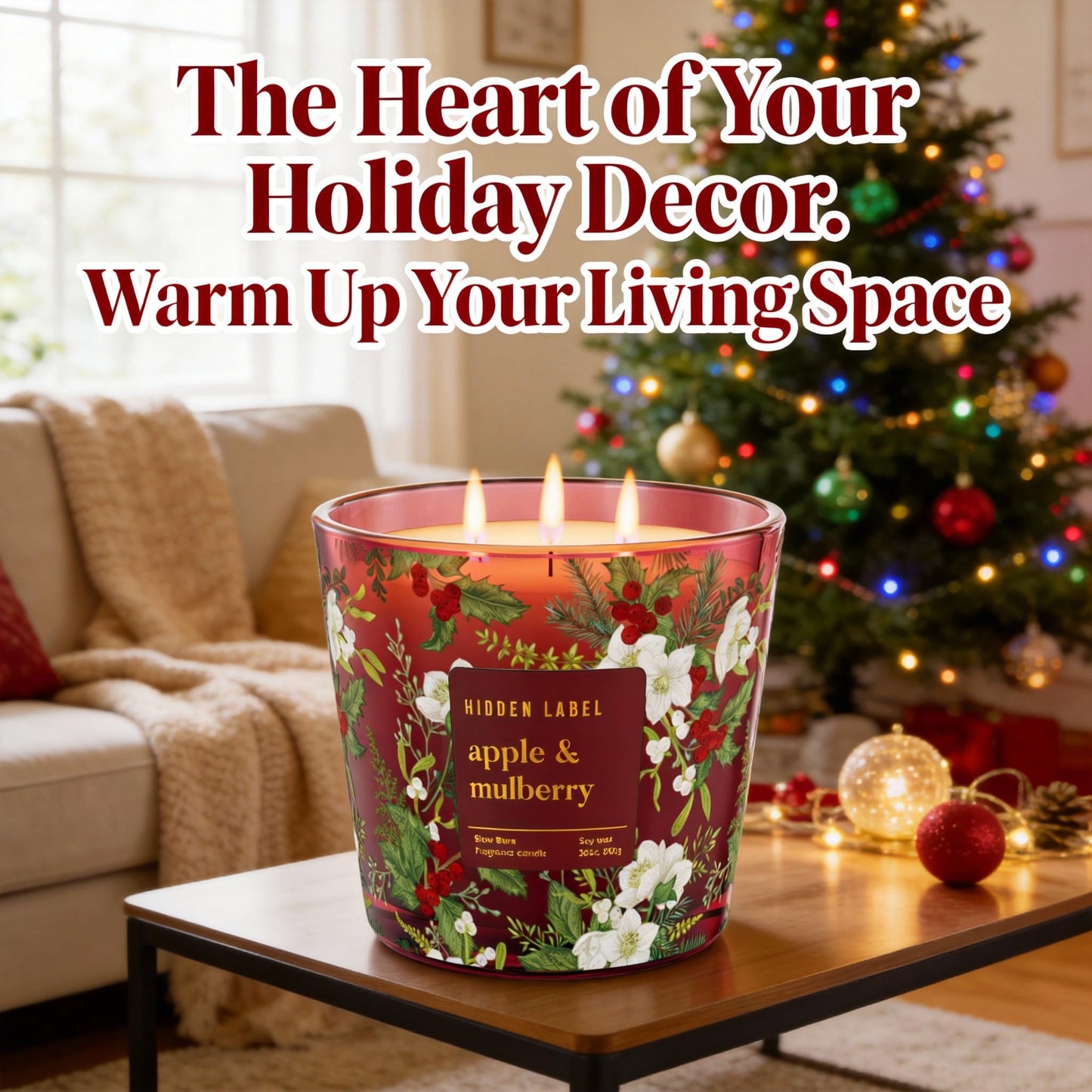 Apple Mulberry Scented Candle, 30oz 3 Wick Large Candle, 100H Long Burn Natural Soy Wax, Sweet Autumn & Winter Holiday Fragrance, Festive Gift for Women & Home Decor | Hidden Label