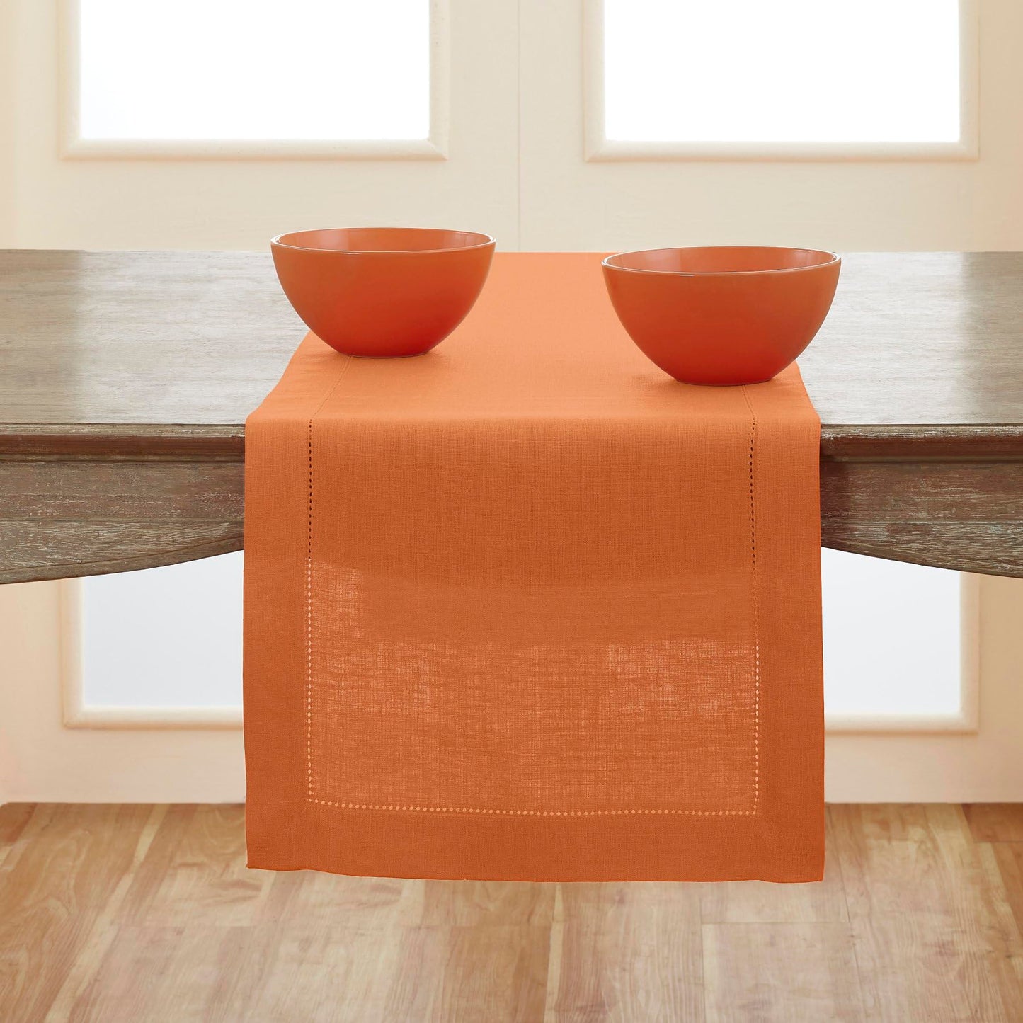 Solino Home Linen Pumpkin Table Runner 144 Inches Long - 100% Pure Linen Extra Long Table Runner 14 x 144 Inch - Classic Hemstitch