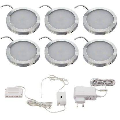 SEBSON LED Cabinet Lights, Set of 6, Non-Touch, Dimmable, IR Sensor, Warm White 3000 K, 6X 2 W, 6X 130 lm, Round, Ultra Flat 8 mm, Aluminium