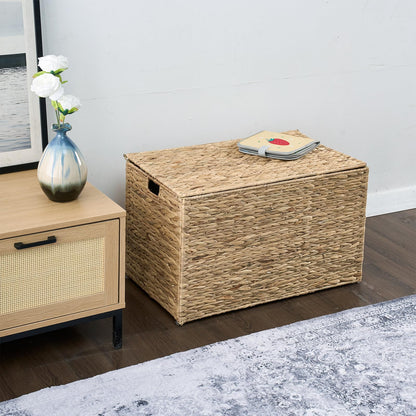 MOORLITER Water Hyacinth Storage Basket with Lid, 42.3 Gallon (160L) Wicker Storage Trunk with Handles, Handwoven Wicker Storage Bin for Blanket, Foldable, for Living Room, Laundry Room, Natural