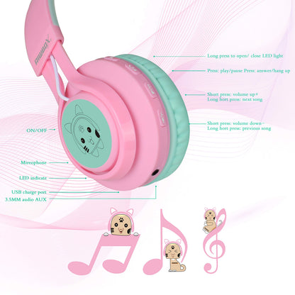 Riwbox CT-7 Cat Ear Bluetooth Headphones, LED Light Up Bluetooth Wireless Over Ear Headphones with Microphone and Volume Control for Travel/School/Smartphones/Laptop/PC/TV (Pink&Green)